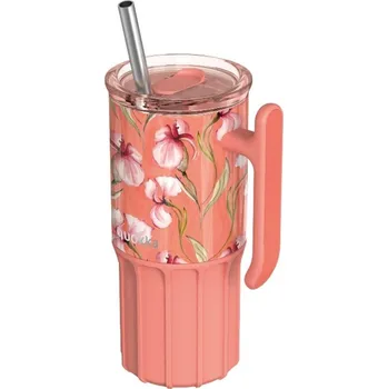 Quokka, Termohrnek s brčkem Quokka Umi, s květinovým vzorem, 720 ml, růžový - Formadore