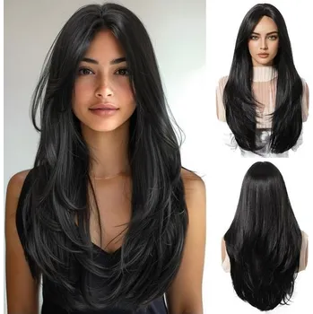 Paruka OUFEI černé paruky pro ženy Dlouhá paruka s ofinou Přírodní rovné paruky Syntetické vlasy odolné