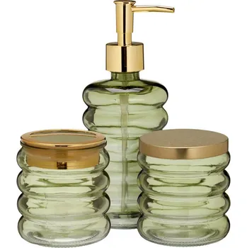 Dávkovač mýdla Bathroom Solutions Hum, skleněný dávkovač, kelímek, dóza, zelený