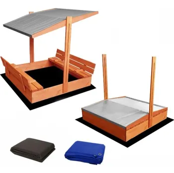 Pískoviště ELIS DESIGN Set - Pískoviště s krytem/lavičkami a šedou stříškou předvrtané impregnované premium 120x120 cm