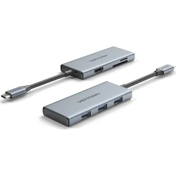 USB hub Vention 6-in-1 USB-C to HDMI /3x USB 3.0 / SD/ TF Docking Station Aluminum Alloy Type 0.15M Gray