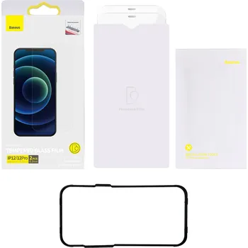 Pouzdro na mobilní telefon Baseus 2x tvrzené sklo pro iPhone 12 Pro / iPhone 12 s krytem reproduktoru + polohovač (SGBL060702) case friendly