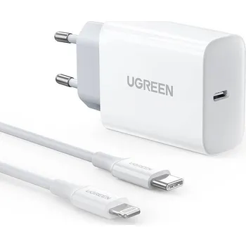 UGREEN Nástěnná nabíječka CD137, 20W, PD 3.0, USB-C (bílá) + kabel IP na USB-C (bílá)