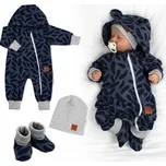 Rostoucí teplákový overal pro miminko, čepice, botky, 3D, Nature - jeans pírka, 80/86; 80/86 (12-18m)