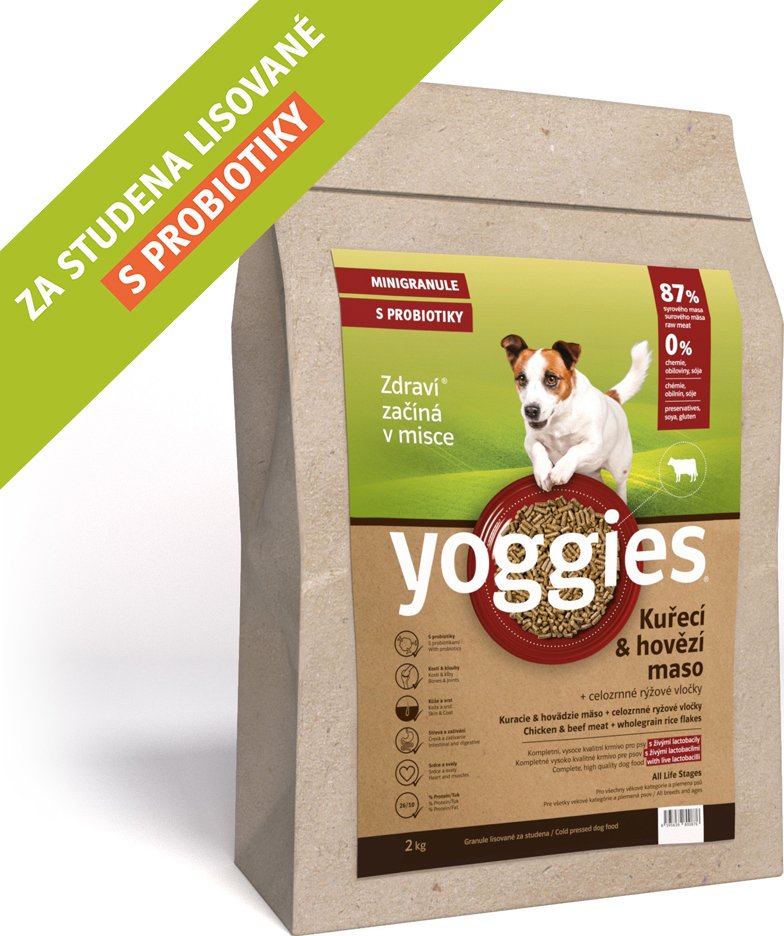 YOGGIES MINIGRANULE lisované za studena kuřecí a hovězí maso s probiotiky 2kg