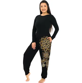 Dámské kalhoty Himalife Kalhoty Tanisha - černá s béžovou Velikost: XXL/3XL - Móda pro plnoštíhlé, Oblečení nadměrné velikosti