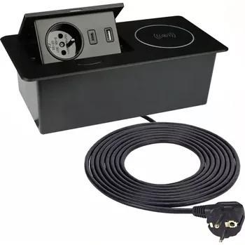 Elektrická zásuvka Zásuvková lišta černá s kabelem 1,5m, 1x 230V + 2xUSB + bezdrátová nabíječka (+ indukční bezdrátová nabíječka)