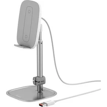 Baseus 15W Qi bezdrátová nabíječka Teleskopický držák stojanu Telefonní stojan s USB kabelem stříbrný (SUWY-D0S)
