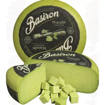 Basiron Gouda Wasabi 100g (Basiron Gouda Wasabi holandský sýr typu gouda, který je ochucený pastou z japonského křenu wasabi a má krémovou konzistenci a výraznou zelenou barvu)