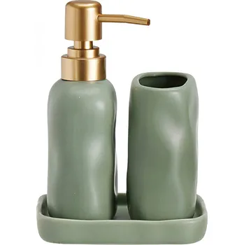 Dávkovač mýdla Bathroom Solutions Eon, keramický dávkovač se zlatou pumpičkou a kelímek, zelený