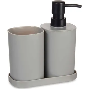 Dávkovač mýdla Berilo, s kelímkem na zubní kartáčky a táckem, plastový, šedý