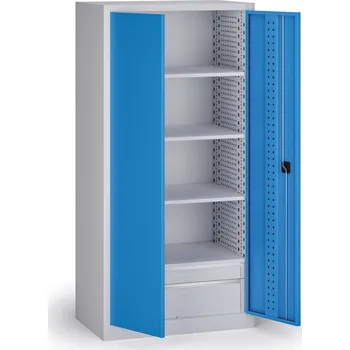 Policová dílenská skříň na nářadí KOVOS, perforovaný panel, 4 police, 2 zásuvky, 950 x 600 x 1950 mm, modrá