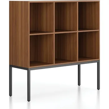 Kancelářská sestava Regál FRAME, nízký, s černou podnoží, 1299 x 450 x 1331 mm, ořech