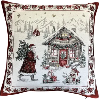 Povlečení Home of Christmas Žakárový vánoční povlak na polštář s motivem Santa se stromkem 50 × 50 cm
