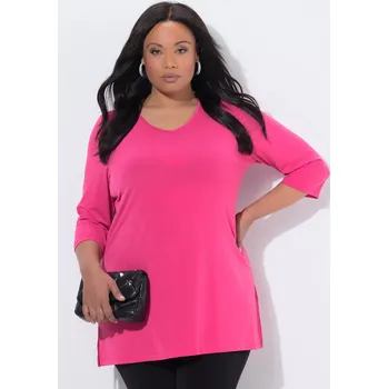 Dámské tričko Ulla Popken, Plus size Dlouhé tričko, A střih, výstřih do V, 3/4 rukávy pro plnoštíhlé nadměrná velikost, 847103520-1134, růžový, 66/68, Nadměrné velikosti, Plus size oblečení, Oblečení pro boubelky, Oblečení pro baculky, Oblečení pro plnoštíhlé, Oblečení