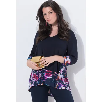 Dámské tričko Ulla Popken, Plus size Slinky tričko, pačvork vzhled, A střih, výstřih do V, 3/4 rukávy pro plnoštíhlé nadměrná velikost, 845606120-1131, modrý, 54/56, Nadměrné velikosti, Plus size oblečení, Oblečení pro boubelky, Oblečení pro baculky, Oblečení pro plnoš