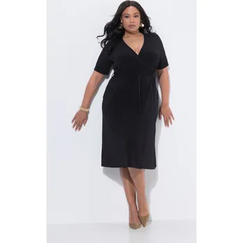 Dámské šaty Ulla Popken, Plus size Zavinovací midi šaty, A střih, výstřih do V, krátké rukávy pro plnoštíhlé nadměrná velikost, 847680100-1130, černý, 50/52, Nadměrné velikosti, Plus size oblečení, Oblečení pro boubelky, Oblečení pro baculky, Oblečení pro plnoštíhlé,