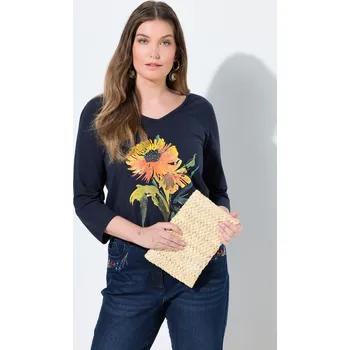 Dámské tričko Ulla Popken, Plus size Tričko, slunečnice, A střih, výstřih do V, 3/4 rukávy pro plnoštíhlé nadměrná velikost, 845452130-1129, modrý, 46/48, Nadměrné velikosti, Plus size oblečení, Oblečení pro boubelky, Oblečení pro baculky, Oblečení pro plnoštíhlé, Oble