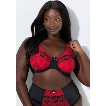 Podprsenka Ulla Popken, Plus size Podprsenka s kosticemi, síťovina, výšivky, měkké košíčky, velikosti B - F pro plnoštíhlé nadměrná velikost, 844676530-1083, červený, 100C, Nadměrné velikosti, Plus size oblečení, Oblečení pro boubelky, Oblečení pro baculky, Oblečení