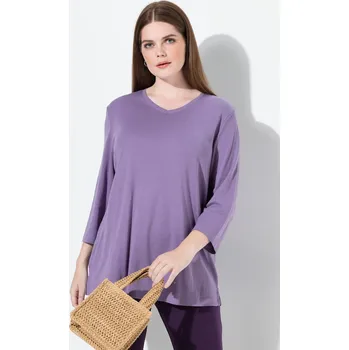 Dámské tričko Ulla Popken, Plus size Tričko, žebrovaný žerzej, výstřih do V, 3/4 rukávy, biobavlna pro plnoštíhlé nadměrná velikost, 749141824-1129, nachový, 46/48, Nadměrné velikosti, Plus size oblečení, Oblečení pro boubelky, Oblečení pro baculky, Oblečení pro plnošt