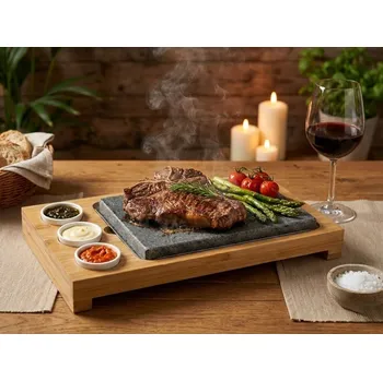 Kuchyňské prkénko Lávový Hot Stone set na steaky – stolní grilovací kámen s nerezovým podnosem