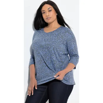 Dámské tričko Ulla Popken, Plus size Tričko, ozdobné záhyby, A-linie, V výstřih, 3/4 rukáv pro plnoštíhlé nadměrná velikost, 846752130-1131, modrý, 54/56, Nadměrné velikosti, Plus size oblečení, Oblečení pro boubelky, Oblečení pro baculky, Oblečení pro plnoštíhlé, Oble