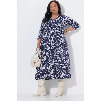 Dámské šaty Ulla Popken, Plus size Maxi šaty, květy, A střih, výstřih do V, 3/4 rukávy pro plnoštíhlé nadměrná velikost, 847110130-1129, modrý, 46/48, Nadměrné velikosti, Plus size oblečení, Oblečení pro boubelky, Oblečení pro baculky, Oblečení pro plnoštíhlé, Obleče