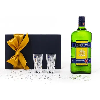 Sklenice BOHEMIA CRYSTAL Becherovka v dárkovém balení 0,5l + 2ks. broušených sklenic 50ml