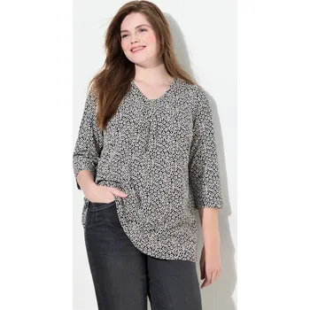 Dámské tričko Ulla Popken, Plus size Tričko, květy, A střih, výstřih do V, 3/4 rukávy pro plnoštíhlé nadměrná velikost, 835685100-1129, černý, 46/48, Nadměrné velikosti, Plus size oblečení, Oblečení pro boubelky, Oblečení pro baculky, Oblečení pro plnoštíhlé, Oblečení 