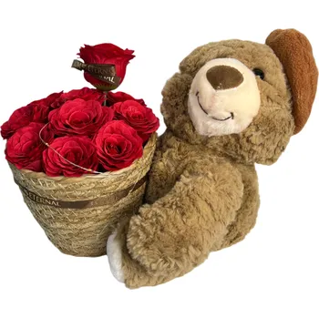 plyšák ANNAM Medvěd s kyticí v proutěném košíku v průhledném boxu 31 × 26 cm