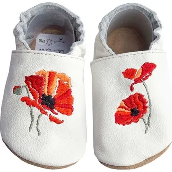 Dětská treková obuv baBice Kožené capáčky barefoot s výšivkou, vlčí máky