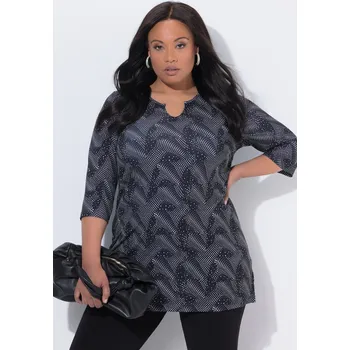 Dámské tričko Ulla Popken, Plus size Dlouhé tričko, A střih, tunikový výstřih, 3/4 rukávy pro plnoštíhlé nadměrná velikost, 847091100-1131, černý, 54/56, Nadměrné velikosti, Plus size oblečení, Oblečení pro boubelky, Oblečení pro baculky, Oblečení pro plnoštíhlé, Obleč