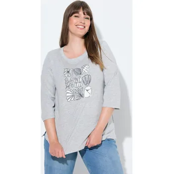 Dámské tričko Ulla Popken, Plus size Tričko, lístky, kulatý výstřih, 3/4 rukávy, biobavlna pro plnoštíhlé nadměrná velikost, 845683134-1131, šedý, 54/56, Nadměrné velikosti, Plus size oblečení, Oblečení pro boubelky, Oblečení pro baculky, Oblečení pro plnoštíhlé, Obleč
