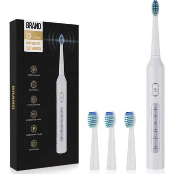 Elektrický zubní kartáček Sonický elektrický zubní kartáček se sadou 4 hlavic, 30 000 vibrací/min, 5 režimů, bílý