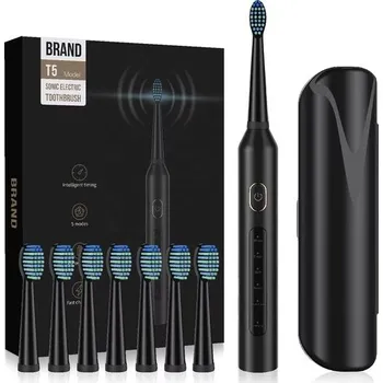 Elektrický zubní kartáček Sonický elektrický zubní kartáček se sadou hlavic, 30 000 vibrací, 5 režimů, IPX7, cestovní pouzdro, černý