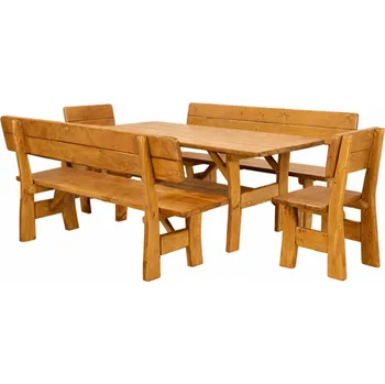 Zahradní sestava Dřevěný zahradní nábytek HUGO 1S+2L – set stůl a lavice barevné odstíny zahradní: dub masivní zahradní set – stůl + 2 lavice + 1 křeslo