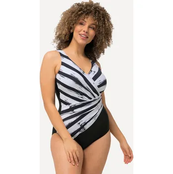 Dámské plavky Ulla Popken, Plus size Plavky, pruhy, měkké košíčky, řasení, recyklovaný materiál pro plnoštíhlé nadměrná velikost, 826299100-1015, černý, 58, Nadměrné velikosti, Plus size oblečení, Oblečení pro boubelky, Oblečení pro baculky, Oblečení pro plnoštíhlé, Ob