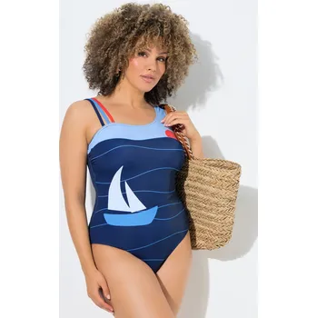 Dámské plavky Ulla Popken, Plus size Plavky, nápisy, měkké košíčky, kulatý výstřih, recyklovaný materiál pro plnoštíhlé nadměrná velikost, 846346750-1012, modrý, 52, Nadměrné velikosti, Plus size oblečení, Oblečení pro boubelky, Oblečení pro baculky, Oblečení pro plnoš