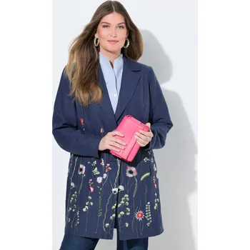 Dámský kabát Ulla Popken, Plus size Lněný kabát, květinová výšivka, stojáček pro plnoštíhlé nadměrná velikost, 834860130-1013, modrý, 54, Nadměrné velikosti, Plus size oblečení, Oblečení pro boubelky, Oblečení pro baculky, Oblečení pro plnoštíhlé, Oblečení pro vysoké