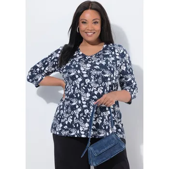 Dámské tričko Ulla Popken, Plus size Dlouhé tričko, květy, A střih, výstřih do V, 3/4 rukávy pro plnoštíhlé nadměrná velikost, 847019130-1131, modrý, 54/56, Nadměrné velikosti, Plus size oblečení, Oblečení pro boubelky, Oblečení pro baculky, Oblečení pro plnoštíhlé, Ob