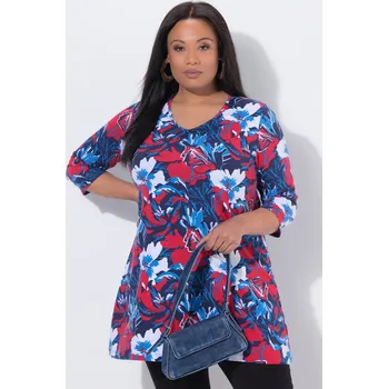 Dámské tričko Ulla Popken, Plus size Dlouhé tričko, květy, A střih, výstřih do V, 3/4 rukávy pro plnoštíhlé nadměrná velikost, 847009130-1129, modrý, 46/48, Nadměrné velikosti, Plus size oblečení, Oblečení pro boubelky, Oblečení pro baculky, Oblečení pro plnoštíhlé, Ob