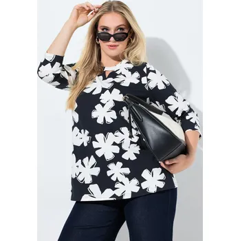 Dámské tričko Ulla Popken, Plus size Tričko, květy, A střih, kulatý výstřih, rozparek, 3/4 rukávy pro plnoštíhlé nadměrná velikost, 846172200-1131, bílý, 54/56, Nadměrné velikosti, Plus size oblečení, Oblečení pro boubelky, Oblečení pro baculky, Oblečení pro plnoštíhlé