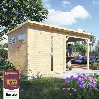 Zahradní domek Dřevěný zahradní domek Bertilo Pentus 2 přírodní 449 x 234 cm vč. přístřešku
