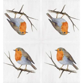Papírový ubrousek Ubrousky WATERCOLOR BIRDS, ptáčci - červenka, 33x33cm|Esschert Design