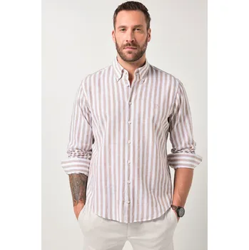 Pánská košile JP1880, Plus size Pruhovaná košile JP1880, len, dlouhé rukávy, límeček s knoflíky, Modern střih, do 8XL pro plnoštíhlé nadměrná velikost, 846041320-1452, hnědý, 3XL, Plus size oblečení, Oblečení pro vysoké muže, Nadměrné velikosti, Oblečení pro plnoštíhlé