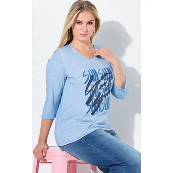 Dámské tričko Ulla Popken, Plus size Tričko, nápis, Classic, výstřih do V, 3/4 rukávy pro plnoštíhlé nadměrná velikost, 845737706-1129, modrý, 46/48, Nadměrné velikosti, Plus size oblečení, Oblečení pro boubelky, Oblečení pro baculky, Oblečení pro plnoštíhlé, Oblečení 