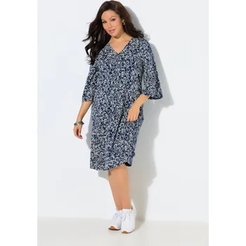 Dámské šaty Ulla Popken, Plus size Žerzejové šaty, řasení, A střih, výstřih do V, 3/4 rukávy pro plnoštíhlé nadměrná velikost, 845828740-1130, modrý, 50/52, Nadměrné velikosti, Plus size oblečení, Oblečení pro boubelky, Oblečení pro baculky, Oblečení pro plnoštíhlé, 