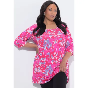 Dámské tričko Ulla Popken, Plus size Dlouhé tričko, grafický potisk, hranatý výstřih, 3/4 rukávy pro plnoštíhlé nadměrná velikost, 847102520-1131, růžový, 54/56, Nadměrné velikosti, Plus size oblečení, Oblečení pro boubelky, Oblečení pro baculky, Oblečení pro plnoštíhl