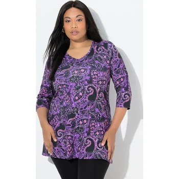 Dámské tričko Ulla Popken, Plus size Dlouhé tričko, paisley motiv, áčkový střih, V výstřih, 3/4 rukávy pro plnoštíhlé nadměrná velikost, 846992100-1133, černý, 62/64, Nadměrné velikosti, Plus size oblečení, Oblečení pro boubelky, Oblečení pro baculky, Oblečení pro plno