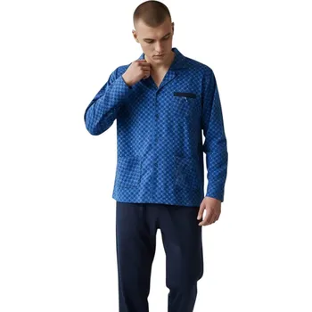 Pánské pyžamo N-feel Pánské nadměrné bavlněné pyžama s dlouhým rukávem na rozepínání KEVIN Barva: Modrá, Velikost: 2XL
